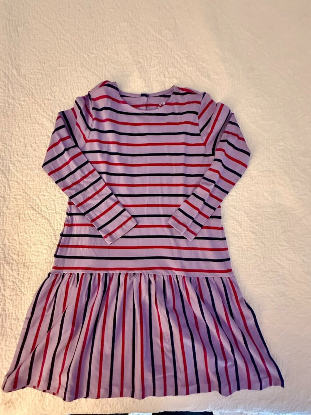 Primary girl's purple with stripes long sleeve perfect pocket dress, size 8-9